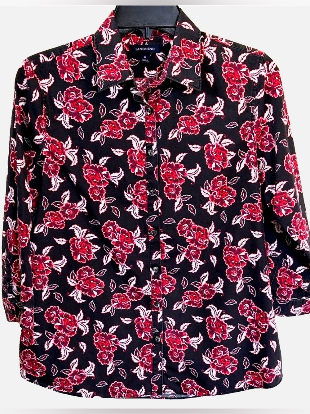 Lands’ End No Iron Supima Cotton Shirt Size 6 Red Black Floral Button Down